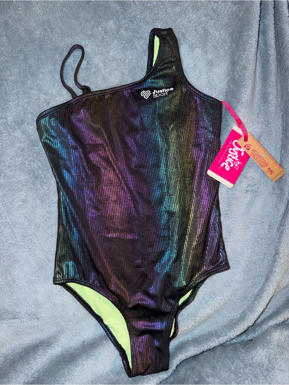 Justice Iridescent Black One-Shoulder Swim Top with Pink Tag